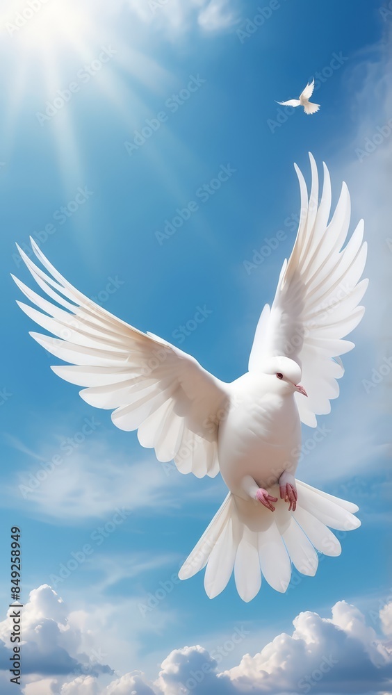 Fototapeta premium White doves are flying in the blue sky. Holy Spirit. Winged Dove flying in front of the cross against blue sky with clouds. Christian concept