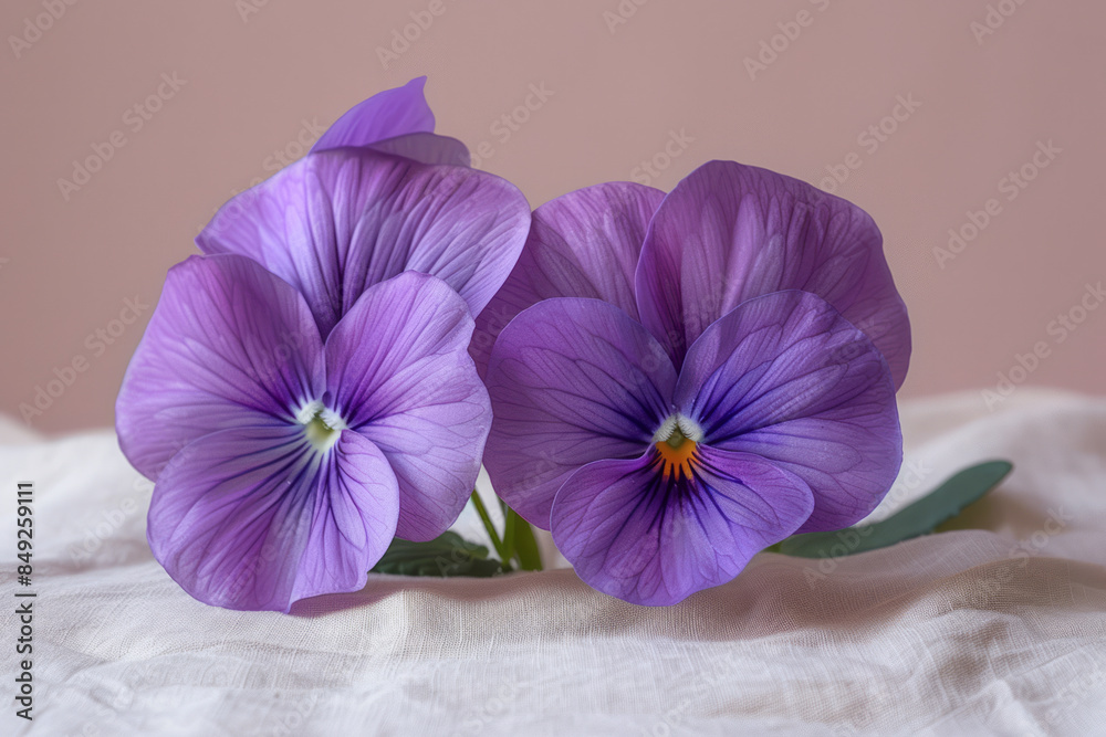 Obraz premium Simple photo of two violet flowers on a clean, neutral backdrop,