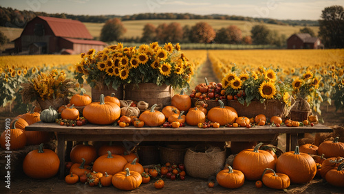 Vibrant autumn harvest. The countryside, farm has fresh produce with pumpkins.