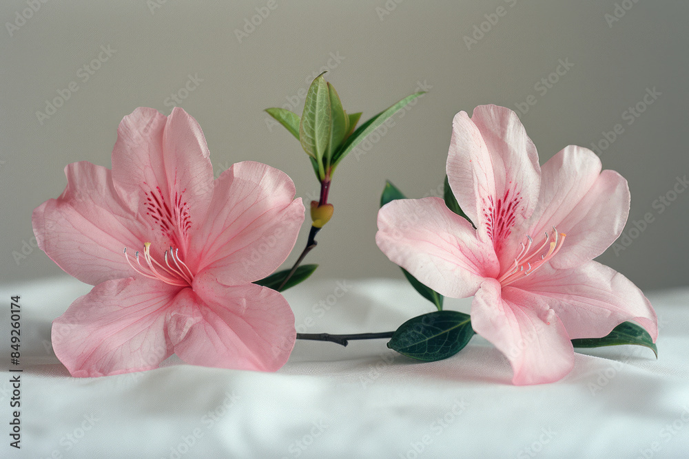 Simple photo of a pair of pink azaleas on a clean, white backdrop, Simple photo of a pair of pink azaleas on a clean, white backdrop,