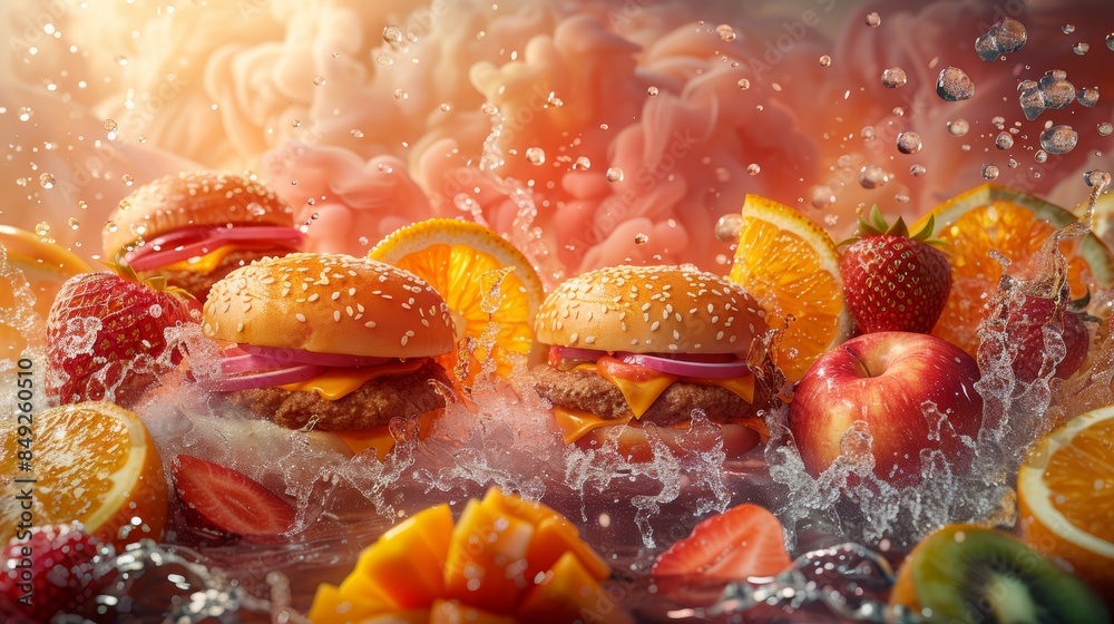 A vibrant splash of fruit surrounds three juicy burgers, creating a delicious and dynamic scene. A vibrant splash of fruit surrounds three juicy burgers, creating a delicious and dynamic scene.