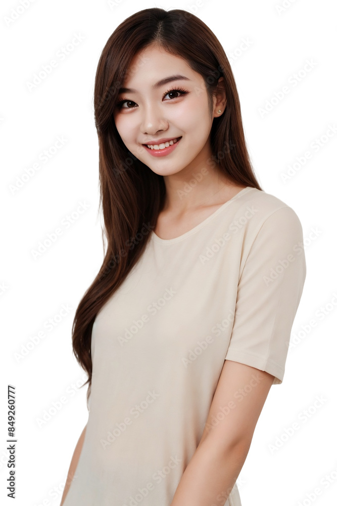 Beautiful young Asian woman with a glowing face and healthy skin standing and smiling on a transparent background. Beautiful young Asian woman with a glowing face and healthy skin standing and smiling on a transparent background.