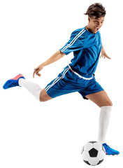 Dynamic image of young man, soccer player in uniform hitting ball in motion isolated on transparent background. Concept of sport, competition, tournament, games