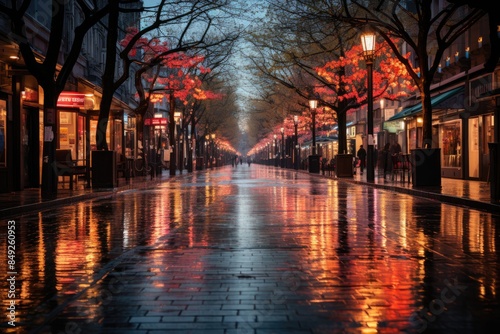 Deserted streets in spring rain urban melancholy., generative IA © Rosenei