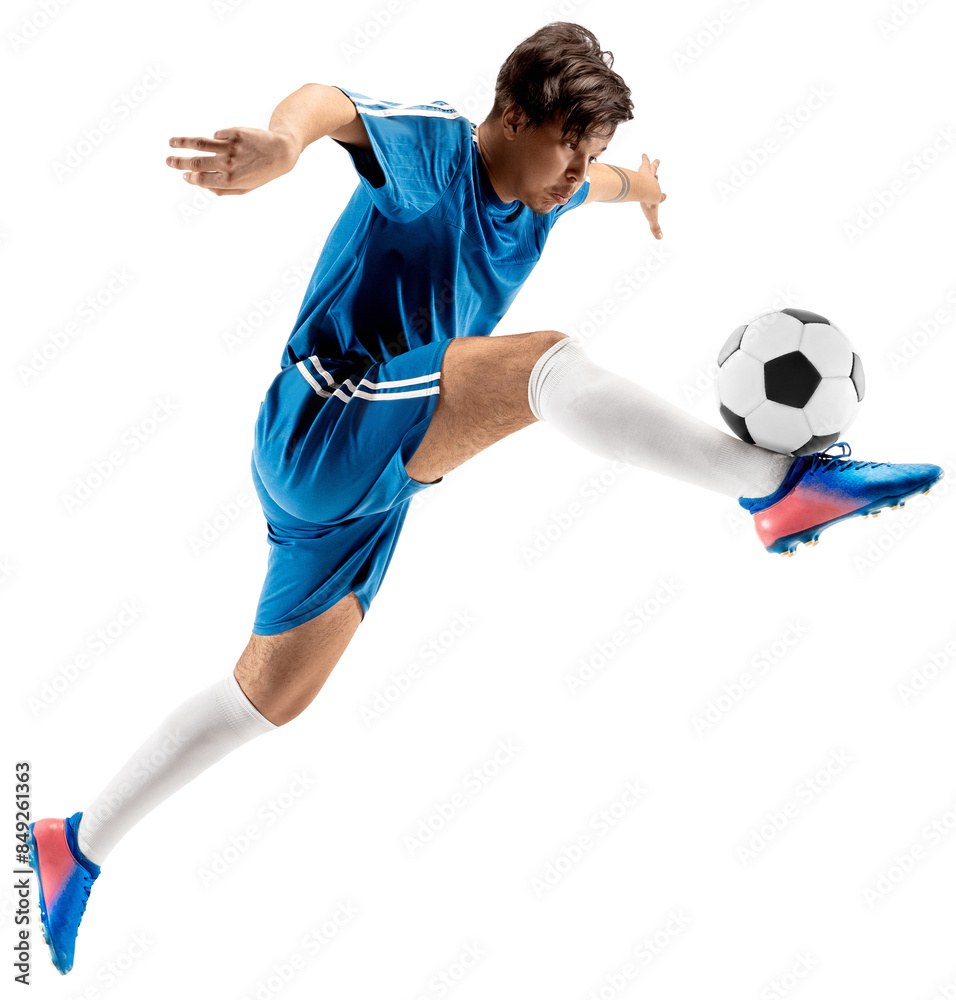 Competitive young man, soccer player in blue uniform in motion, training, hitting ball isolated on transparent background. Concept of sport, competition, tournament, games Competitive young man, soccer player in blue uniform in motion, training, hitting ball isolated on transparent background. Concept of sport, competition, tournament, games