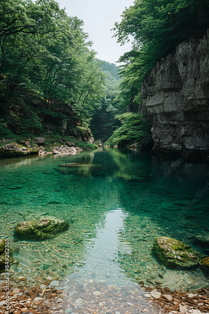 Simple photo of a tranquil mountain stream with clear water, enclosed by a soft green frame, Simple photo of a tranquil mountain stream with clear water, enclosed by a soft green frame,