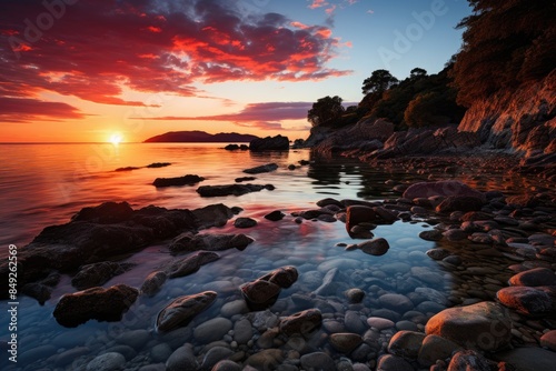 Magic sunset in Boulder Bank, Nelson, New Zealand., generative IA