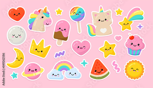 Pastel Pony Unicorn and funny Cat Unicorn with kawaii emoticons: cupcake, fulling star, rainbow, heart, happy crown icons set in soft colors for pajamas prints and greeting card, birthday party