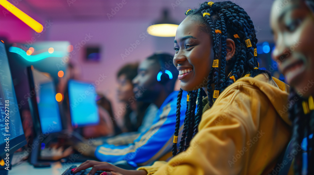 Obraz premium Young, diverse gamers smiling while competing in an esports tournament