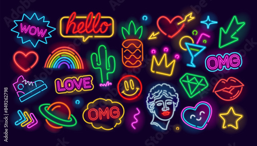 Neon vector icons and symbols of cartoon characters, food, fruits, fashion elements for patch, badges and pins. Glowing light banner. Pop Art and Fashion neon sign. Editable vector set 18