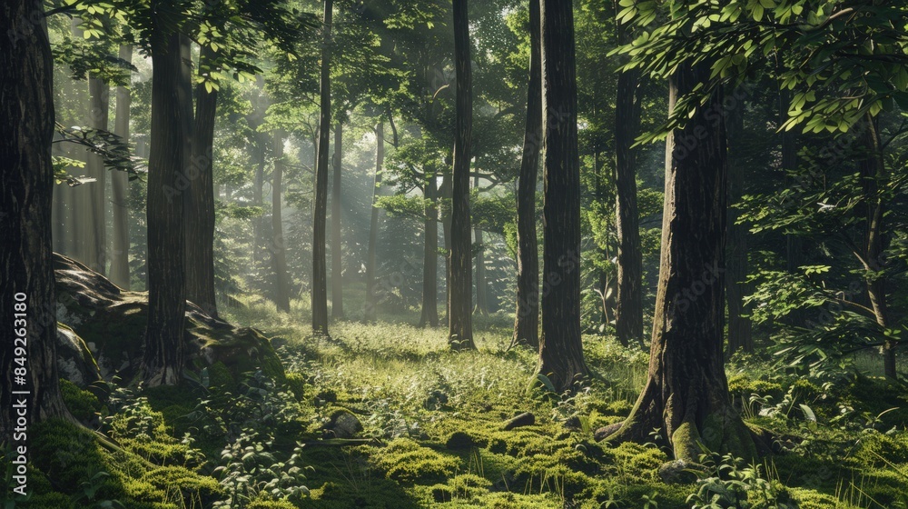 Obraz premium Sunlight Filtering Through a Lush Forest