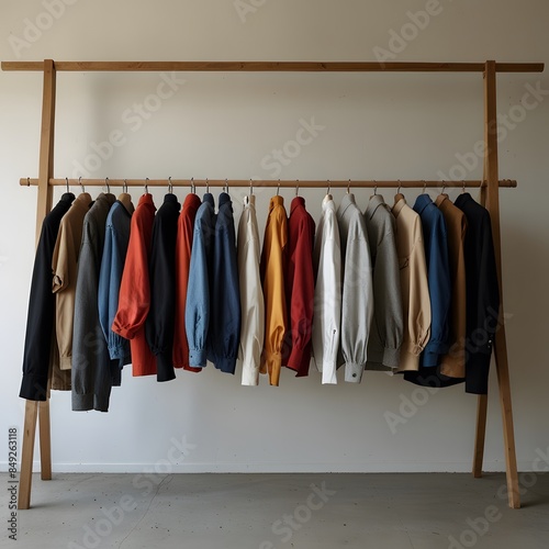 Shirts of different colors and designs hanging on a clothing rack