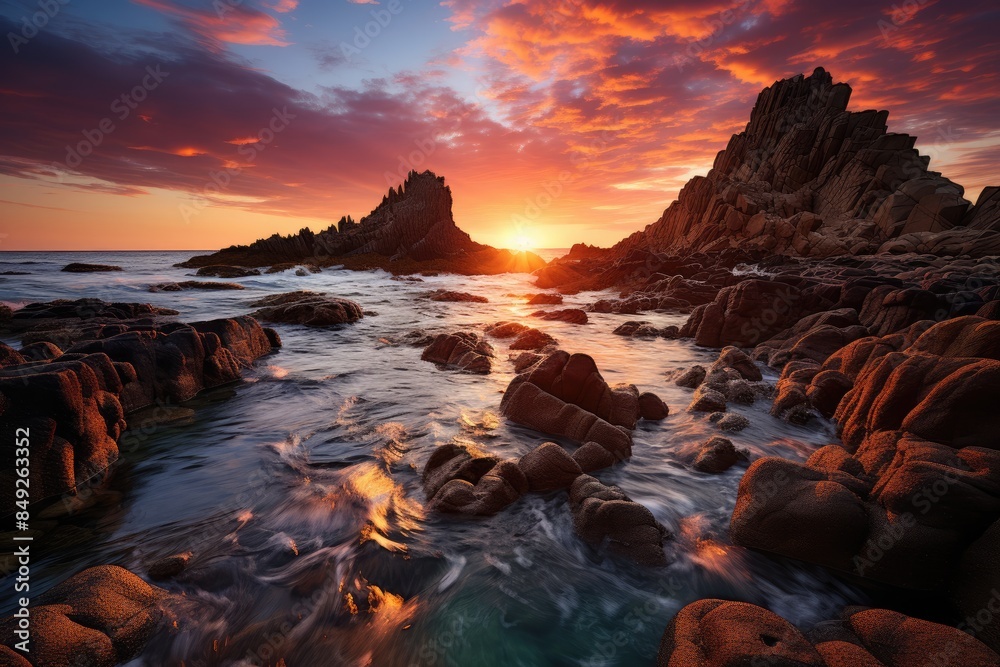 Sunny sunset in Sugarloaf Rock, Margaret River, Australia., generative IA Sunny sunset in Sugarloaf Rock, Margaret River, Australia., generative IA