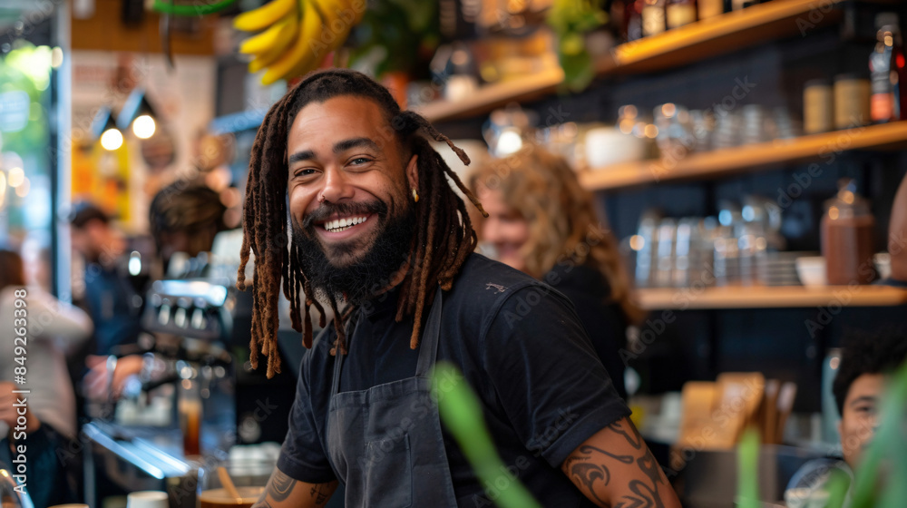 Happy individual with dreadlocks savors the lively ambiance of a busy coffee shop Happy individual with dreadlocks savors the lively ambiance of a busy coffee shop