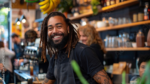 Wallpaper Mural Happy individual with dreadlocks savors the lively ambiance of a busy coffee shop Torontodigital.ca