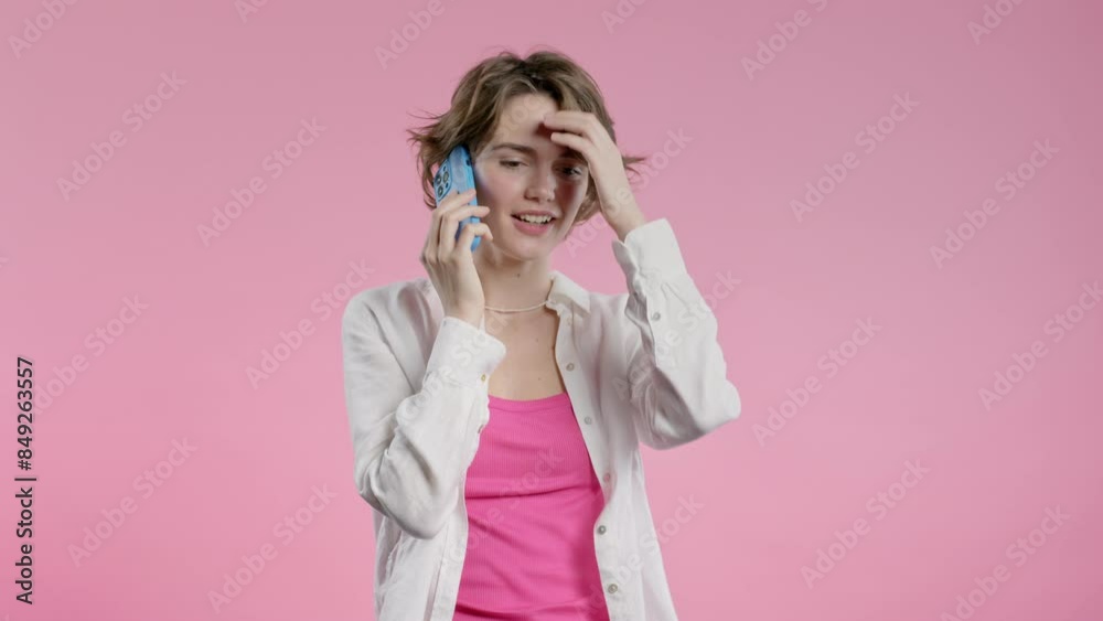 Charming woman talking by phone, smiling. Young lady smiling on pink background Charming woman talking by phone, smiling. Young lady smiling on pink background