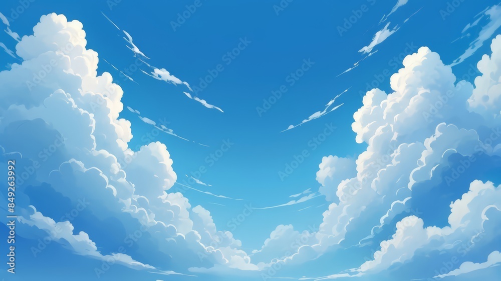 Illustration blue sky with clouds. Anime style background with shining ...