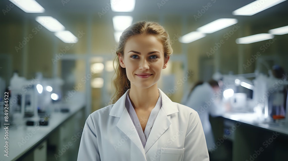 Fototapeta premium A young female scientist wearing a lab coat smiles at the camera