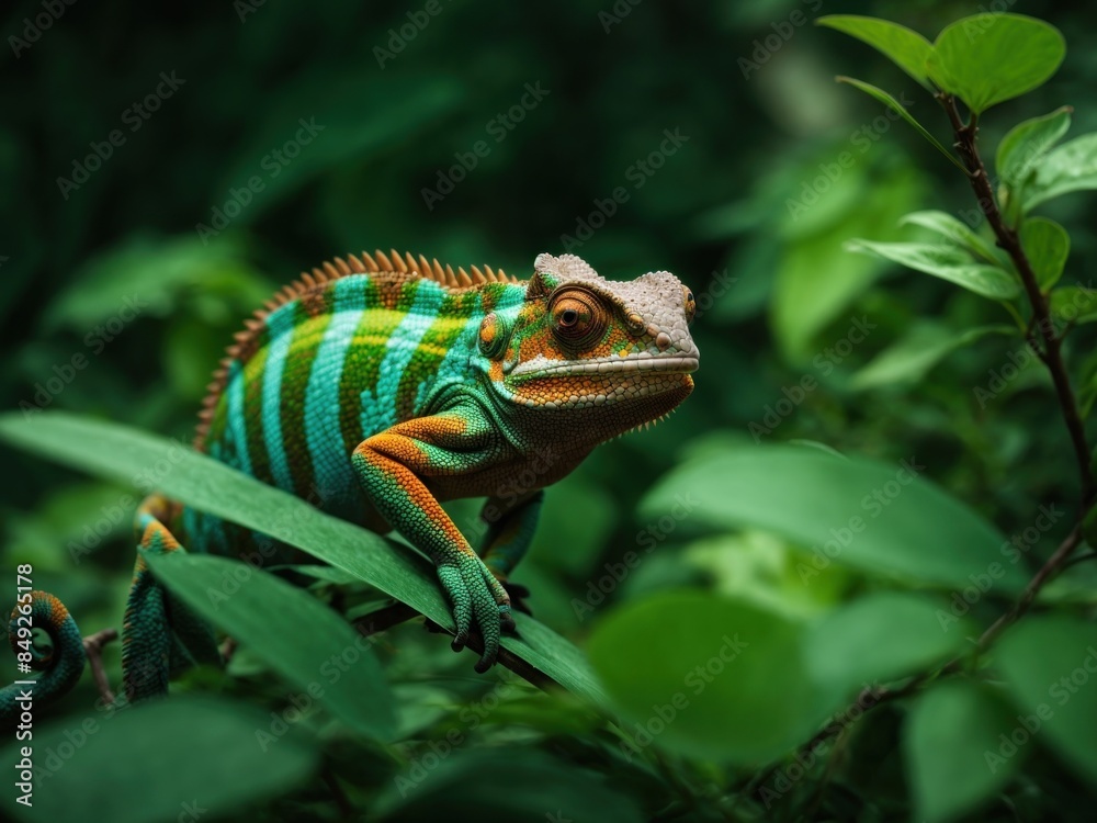 Chameleon black strips on green background Chameleon black strips on green background