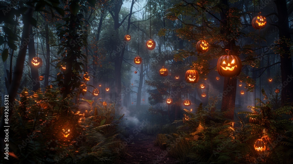 Eerie Halloween Forest Path with Glowing Jack-o'-Lanterns and Fog for Enchanting Holiday Design