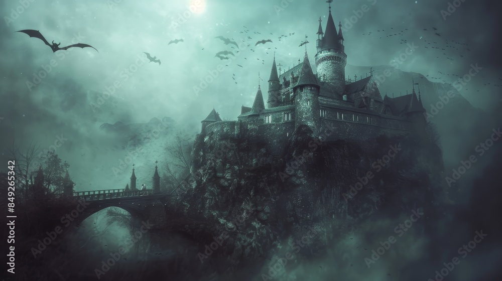 Obraz premium Eerie Moonlit Castle on a Hill with Misty Moat and Bats Flying Around Turrets