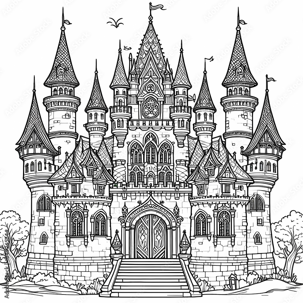 An outline drawing of a fairytale castle for coloring book with clean lines and white background. An outline drawing of a fairytale castle for coloring book with clean lines and white background.