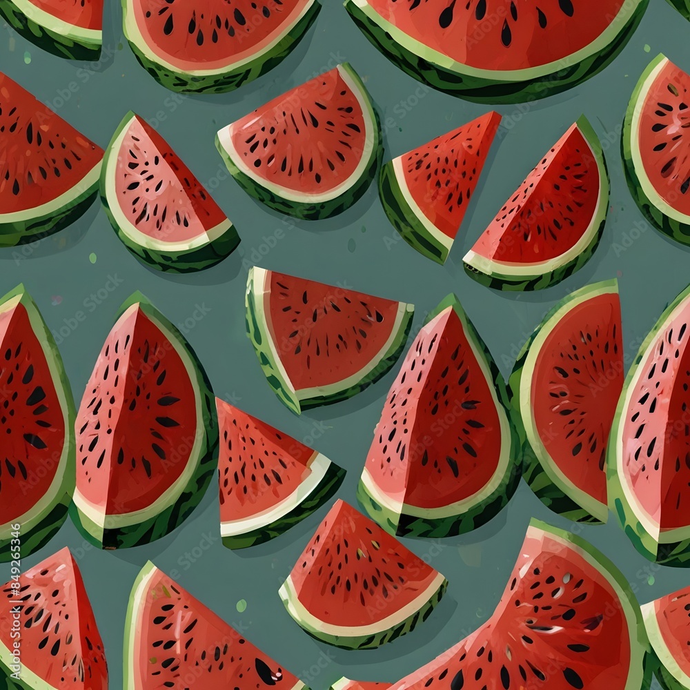 A vibrant watermelon pattern featuring green rind, pink flesh, and black seeds A vibrant watermelon pattern featuring green rind, pink flesh, and black seeds