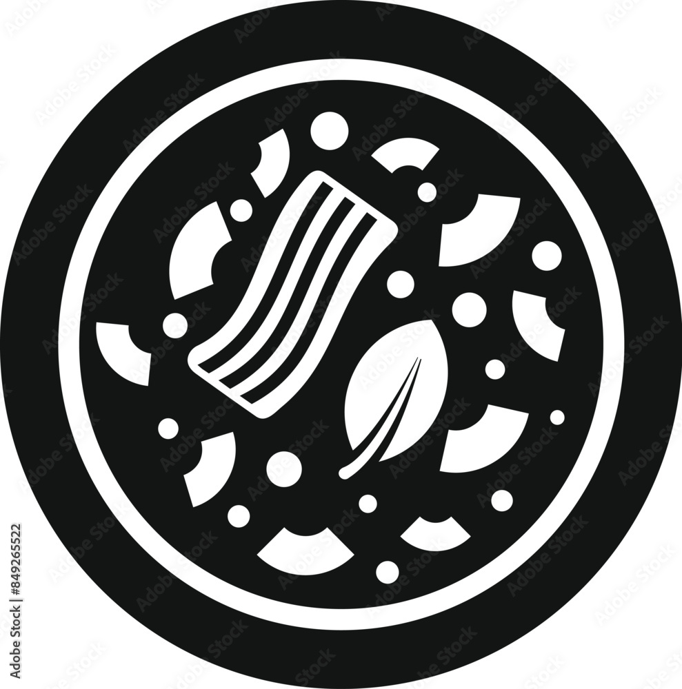Black and white simple icon of a plate with tasty soup, bacon and basil Black and white simple icon of a plate with tasty soup, bacon and basil