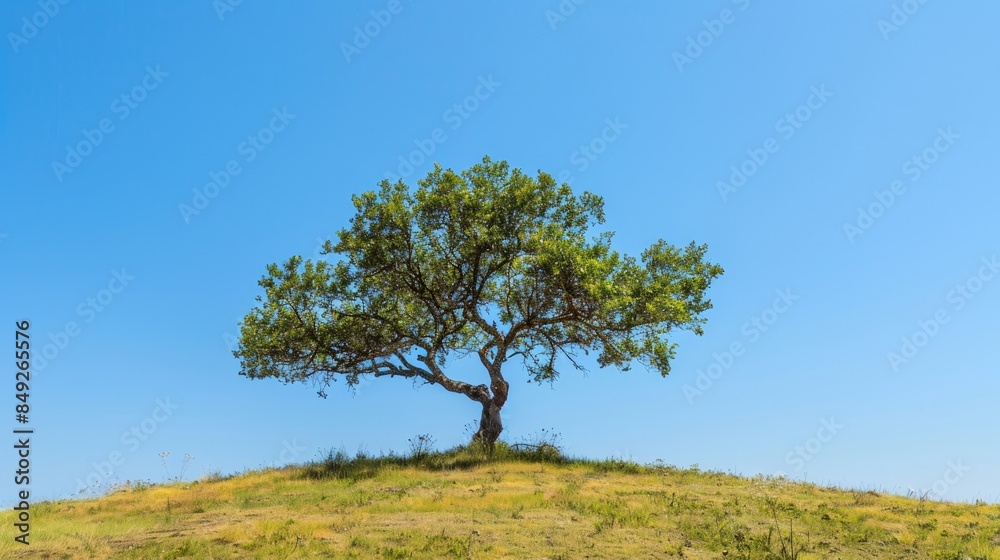 Solitary tree with sprawling branches on the hilltop under the clear blue sky Solitary tree with sprawling branches on the hilltop under the clear blue sky