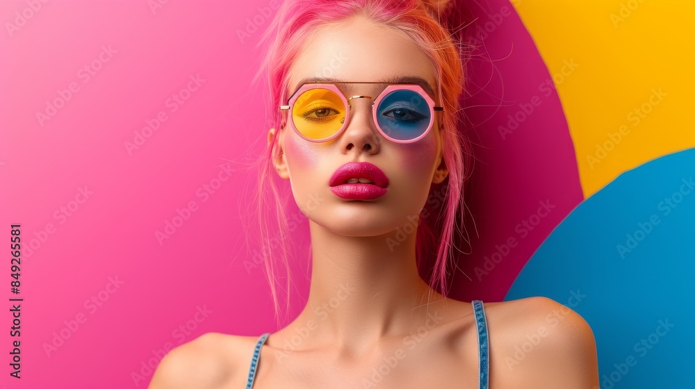 Woman with vibrant makeup and pink hair, stylish glasses Woman with vibrant makeup and pink hair, stylish glasses