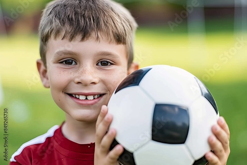 Young boy with soccer ball on defocused outdoor background, sports and leisure concept