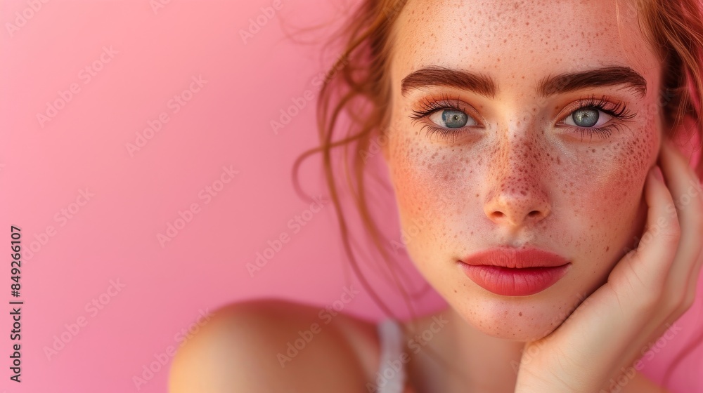Beautiful woman with freckles poses against a pink background Beautiful woman with freckles poses against a pink background