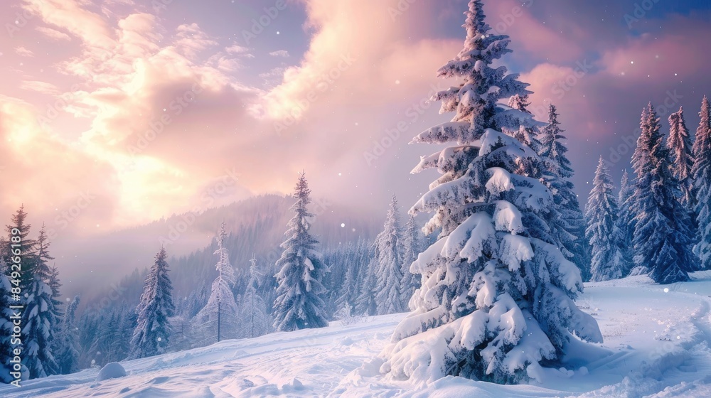 Winter wonderland with snow covered pine trees in a picturesque mountain forest Winter wonderland with snow covered pine trees in a picturesque mountain forest