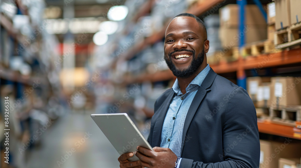 Fototapeta premium Confident male warehouse manager using a tablet in a storeroom