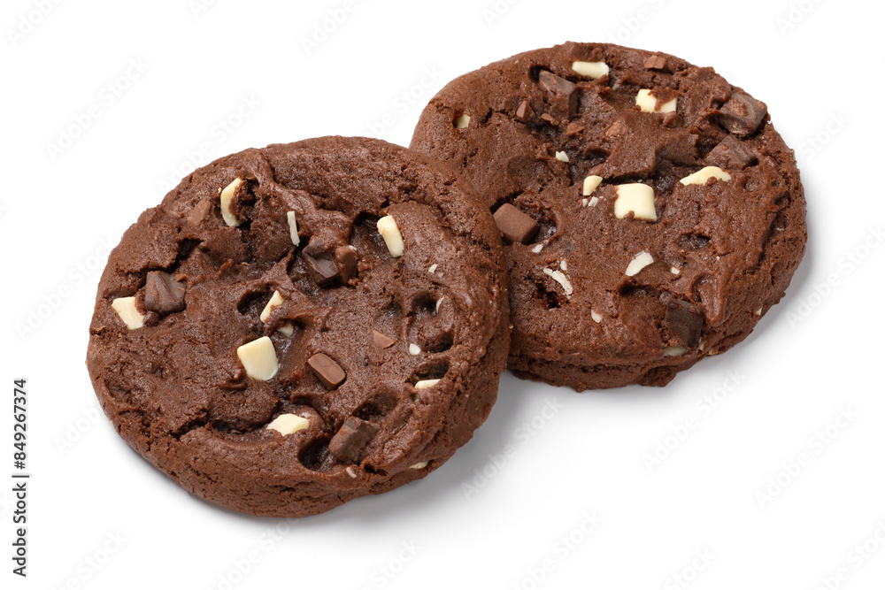 Pair of homemade sweet dark American chocolate chip cookies isolated on white background close up