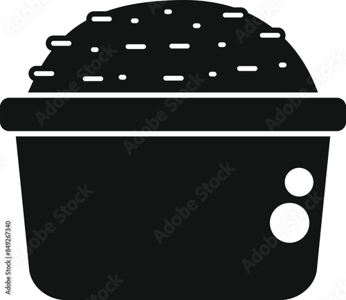 Black and white silhouette of a round plastic container holding freshly cooked rice, perfect for meal prepping or storing leftovers