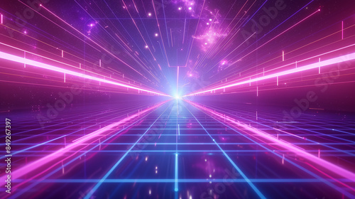 Futuristic Neon Grid with Glowing Lights and Starry Sky
