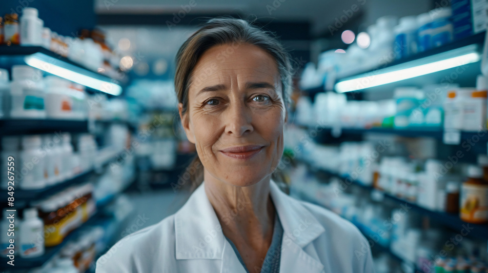 © Michael - Professional woman pharmacist smiling in front of a well-stocked medication shelf