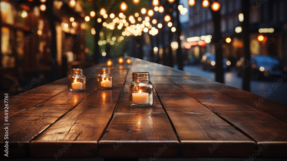 Image of wooden table in front of abstract blurred restaurant background Image of wooden table in front of abstract blurred restaurant background
