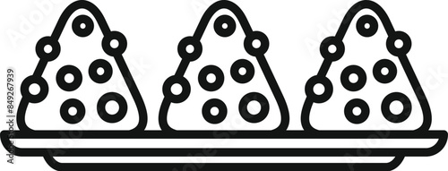 Line art icon of three onigiri rice balls lying on a plate