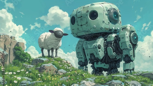 A Robot and a Sheep Stand in a Lush Meadow Under a Clear Blue Sky photo