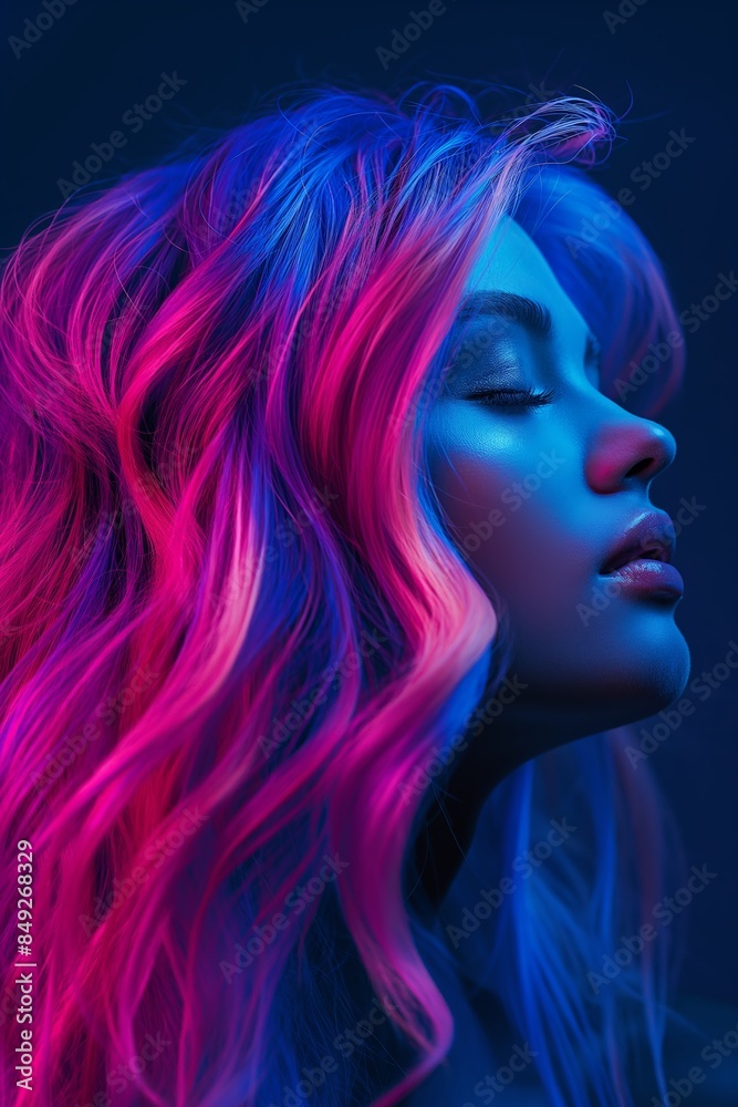 In a fashionable portrait, a young woman flaunts a purple hairstyle, epitomizing beauty and style. In a fashionable portrait, a young woman flaunts a purple hairstyle, epitomizing beauty and style.