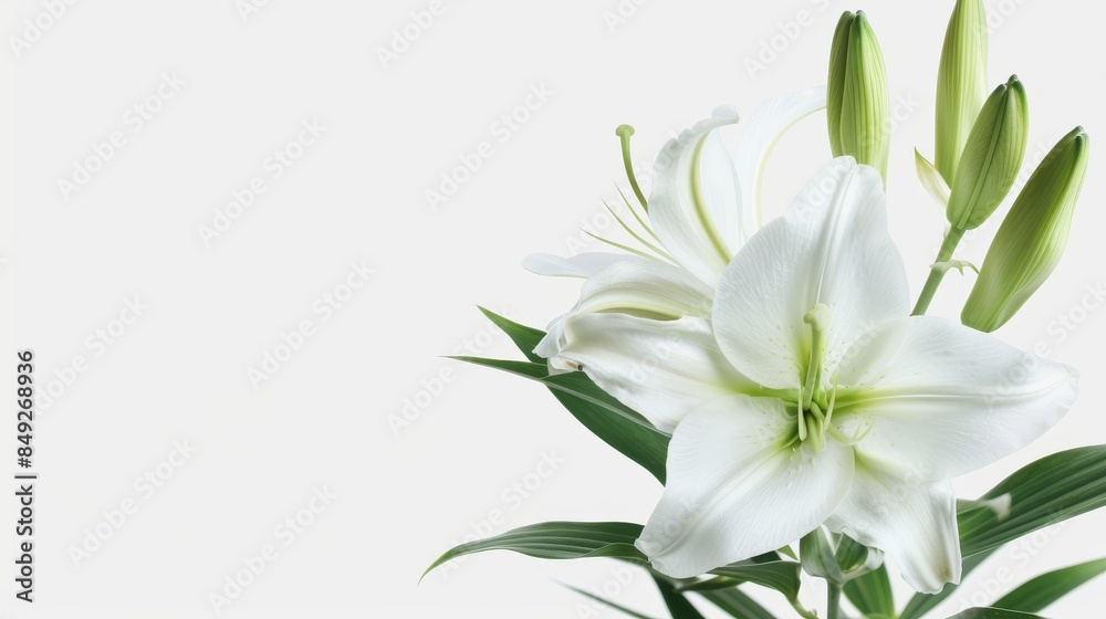 Fototapeta premium Beautiful close-up of white lily with green buds.