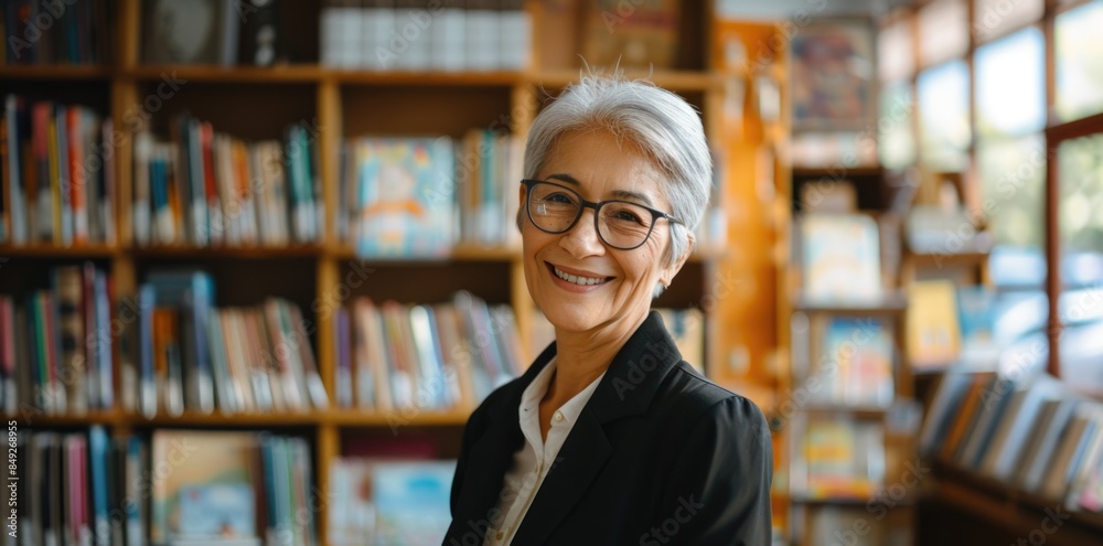 An attractive smiling senior woman standing in a book store. An attractive smiling senior woman standing in a book store.