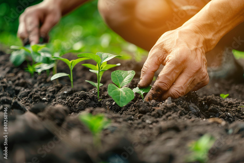 Farmers or gardeners plant young plants into the soil. The concept of modern agriculture on a large scale.