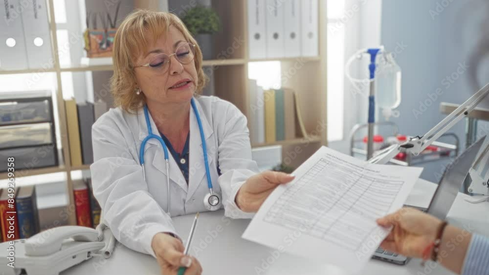 A middle-aged caucasian female doctor in a clinic office, holding and discussing a medical document with a patient, surrounded by office equipment and medical supplies. A middle-aged caucasian female doctor in a clinic office, holding and discussing a medical document with a patient, surrounded by office equipment and medical supplies.