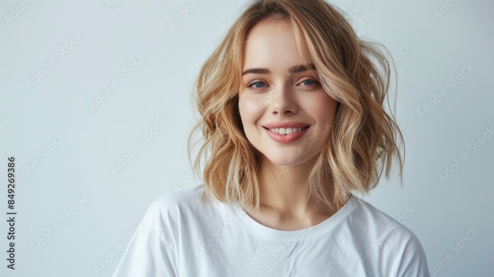 Beautiful blonde woman in white tshirt smiling at camera over isolated background. Beautiful blonde woman in white tshirt smiling at camera over isolated background.