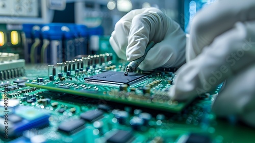 A scientist works in a modern laboratory focused on the research and development of microelectronics and processors, utilizing computer technology and advanced equipment.