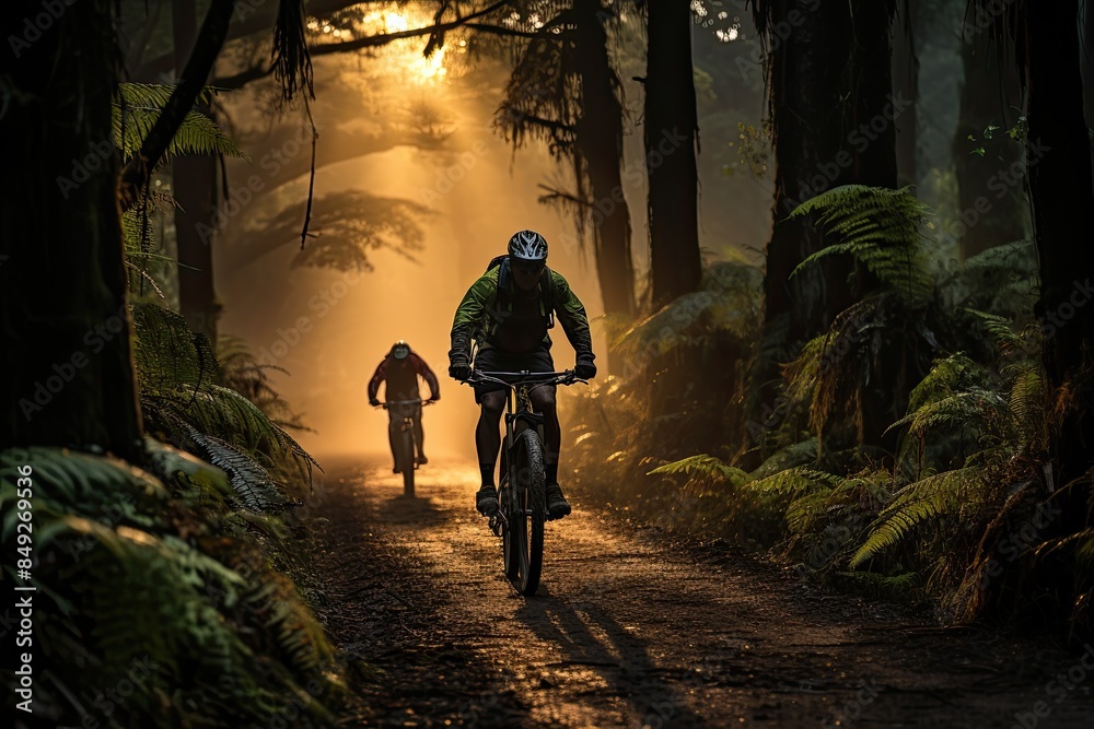 Mountain Bikers explore trails in Redwoods, Rotorua., generative IA