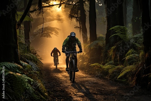 Obraz na płótnie Mountain Bikers explore trails in Redwoods, Rotorua., generative IA w salonie